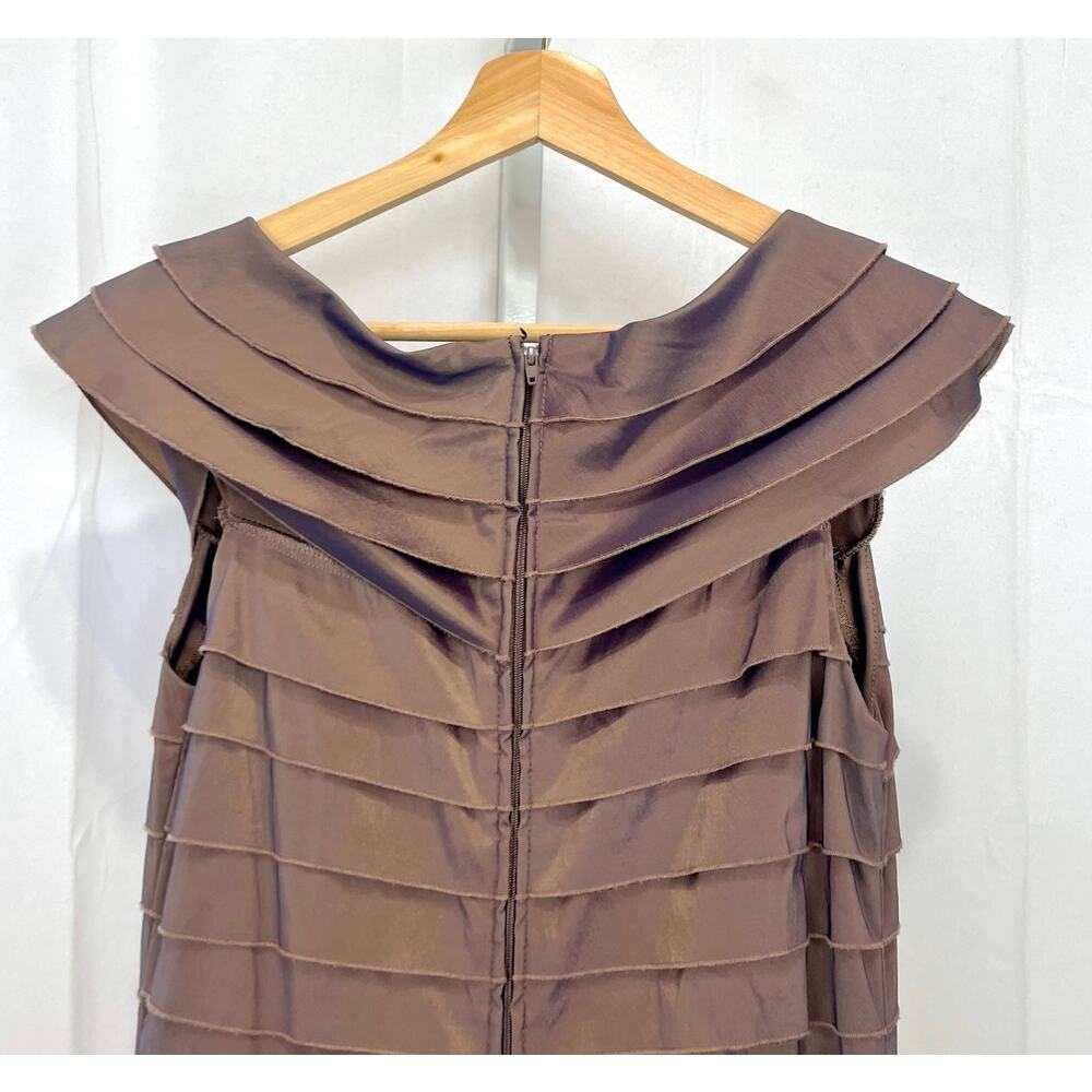 TADASHI SHOJI Tiered Rosette Maxi Dress V Neck Sleeveless Shimmer Brown Size 12 - Picture 4 of 7